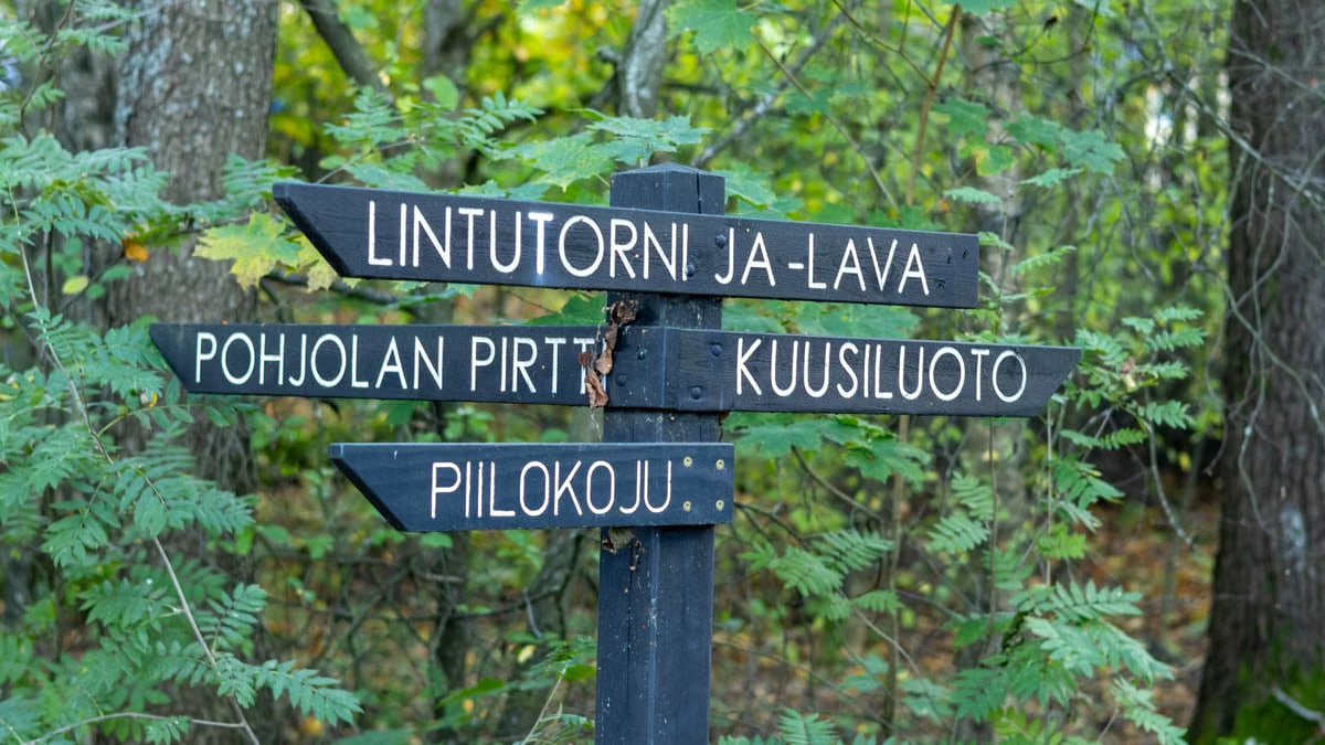 Directional signpost in Lammassaari forest, Finland, surrounded by green foliage.